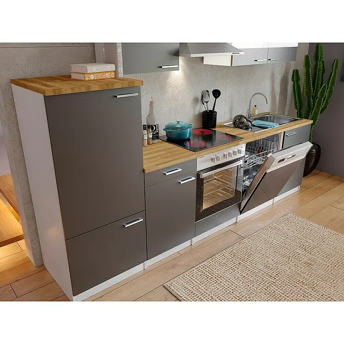 Respekta Küchenzeile Malia - Breite: 280 cm, Grau, Mit Elektrogeräten, Dekor Arbeitsplatte: Holzoptik, Volumen Backofen: 72 l - Eine moderne Küchenzeile mit Holztheke, grauen Schränken, Elektroherd, Ofen und Geschirrspüler. Eine stilvolle und praktische Küchenlösung.