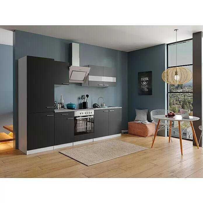 Respekta Küchenzeile Malia - Breite: 270 cm, Schwarz, Dekor Arbeitsplatte: Betonoptik, Mit Elektrogeräten, Volumen Backofen: 72 l - Stimmungsaufnahme