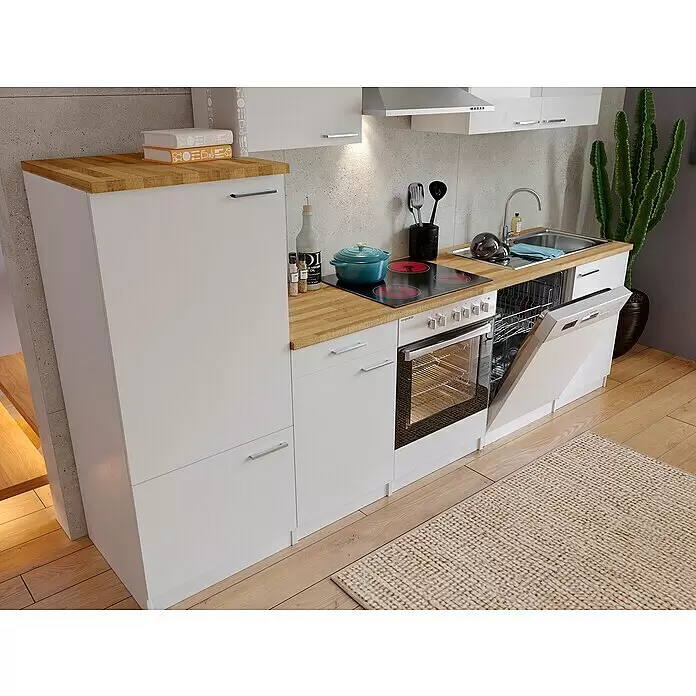 Respekta Küchenzeile Malia - Breite: 280 cm, Weiß, Mit Elektrogeräten, Dekor Arbeitsplatte: Holzoptik, Volumen Backofen: 72 l - Stimmungsaufnahme