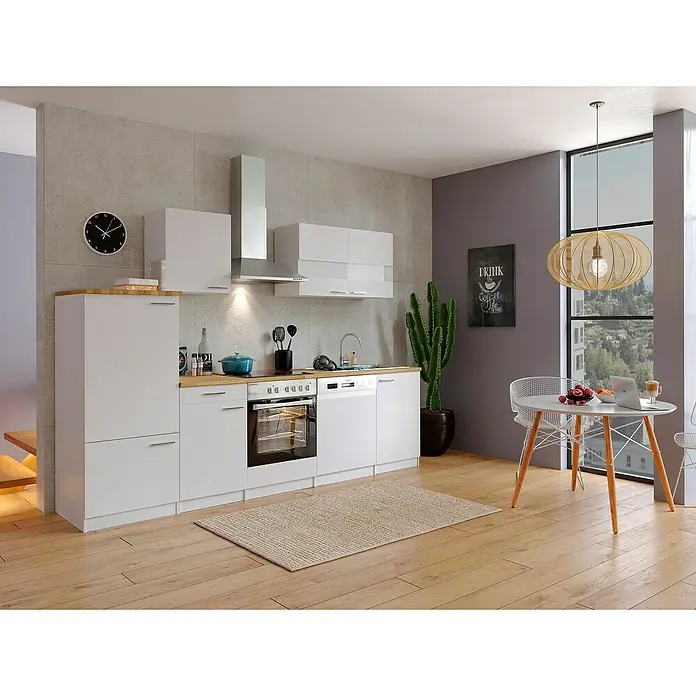 Respekta Küchenzeile Malia - Breite: 280 cm, Weiß, Mit Elektrogeräten, Dekor Arbeitsplatte: Holzoptik, Volumen Backofen: 72 l - Helle Kücheneinrichtung mit modernen Geräten und Holzarbeitsplatten für eine gemütliche Atmosphäre. Das moderne Design bietet Funktionalität.