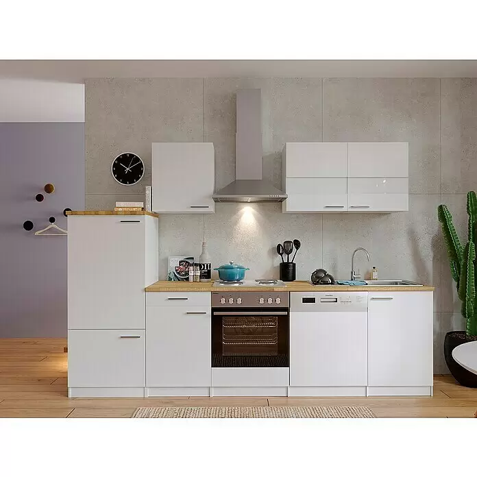 Respekta Küchenzeile Malia - Breite: 280 cm, Weiß, Mit Elektrogeräten, Dekor Arbeitsplatte: Holzoptik, Volumen Backofen: 58 l - Stimmungsaufnahme