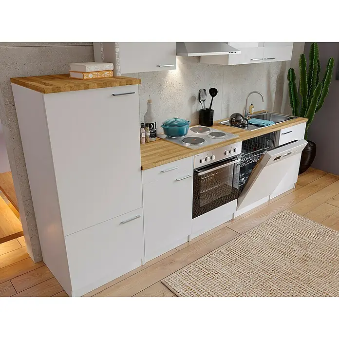 Respekta Küchenzeile Malia - Breite: 280 cm, Weiß, Mit Elektrogeräten, Dekor Arbeitsplatte: Holzoptik, Volumen Backofen: 58 l - Weiße Küchenzeile mit Holzplatte, inklusive Herd, Spülmaschine und Spüle. Ideal für kleine Räume, mit Stauraum und modernem Design.
