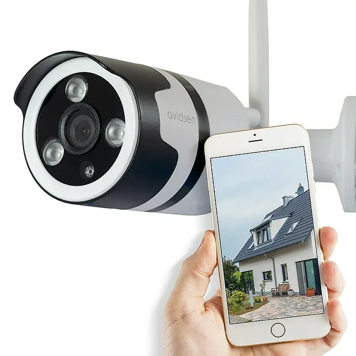 Avidsen Überwachungskamera - Schwarz, Weiß - Nahaufnahme einer Avidsen-Überwachungskamera mit Handy-App-Ansicht eines Hauses für Sicherheit und Überwachung.