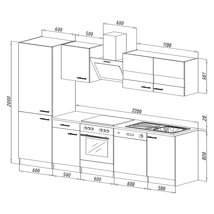 Respekta Küchenzeile Malia - Breite: 280 cm, Rot, Dekor Arbeitsplatte: Betonoptik, Mit Elektrogeräten, Volumen Backofen: 72 l - Darstellung einer Küchenzeile mit Ober- und Unterschränken sowie integrierten Geräten und Maßen für eine detaillierte Planung.