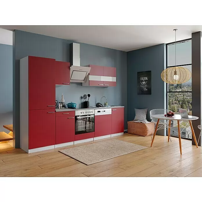Respekta Küchenzeile Malia - Breite: 280 cm, Rot, Dekor Arbeitsplatte: Betonoptik, Mit Elektrogeräten, Volumen Backofen: 72 l - Stimmungsaufnahme