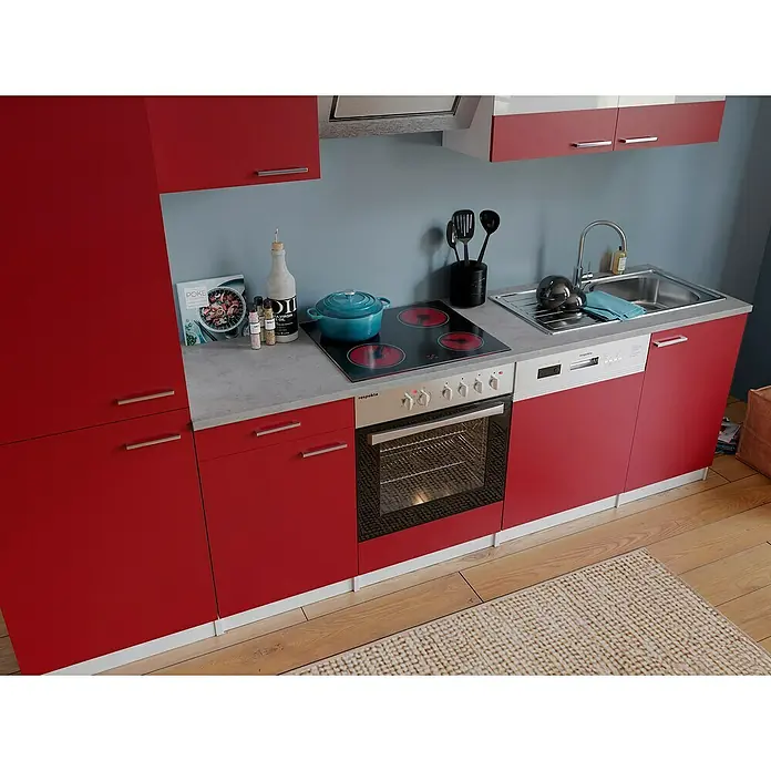 Respekta Küchenzeile Malia - Breite: 280 cm, Rot, Dekor Arbeitsplatte: Betonoptik, Mit Elektrogeräten, Volumen Backofen: 72 l - Moderne Küche in Rot und Grau mit Kochfeld, Spüle und Geschirrspüler. Praktisches Küchendesign für kleine Räume mit viel Stauraum.