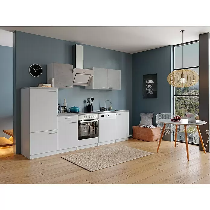 Respekta Küchenzeile Malia Typ 2Breite: 280 cm, Weiß/Beton, Mit Elektrogeräten