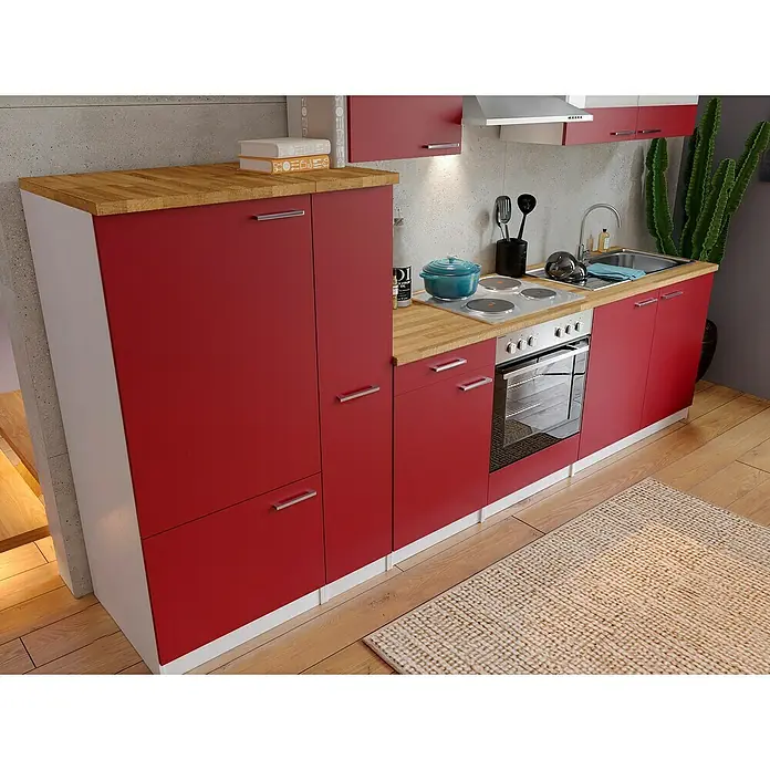 Respekta Küchenzeile Malia - Breite: 300 cm, Rot, Mit Elektrogeräten, Dekor Arbeitsplatte: Holzoptik, Volumen Backofen: 60 l - Moderne rote Küche mit Holzplatte, einschließlich Schränken, Spüle und Herd. Stilvolles Küchendesign für Ihr Zuhause.