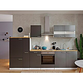 Respekta Küchenzeile Malia (Breite: 300 cm, Grau, Mit Elektrogeräten, Dekor Arbeitsplatte: Holzoptik, Volumen Backofen: 60 l)