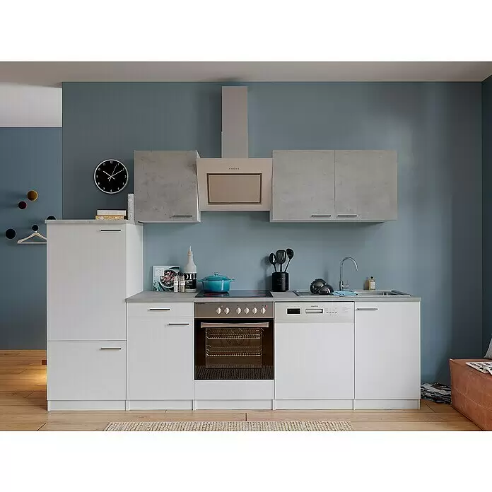 Respekta Küchenzeile Malia Typ 2Breite: 280 cm, Weiß/Beton, Mit Elektrogeräten
