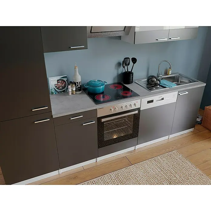 Respekta Küchenzeile Malia - Breite: 280 cm, Grau, Dekor Arbeitsplatte: Betonoptik, Mit Elektrogeräten, Volumen Backofen: 72 l - Küchenzeile mit Elektroherd, Spüle, Geschirrspüler und viel Stauraum. Ideal für kleine Wohnungen und Apartments.