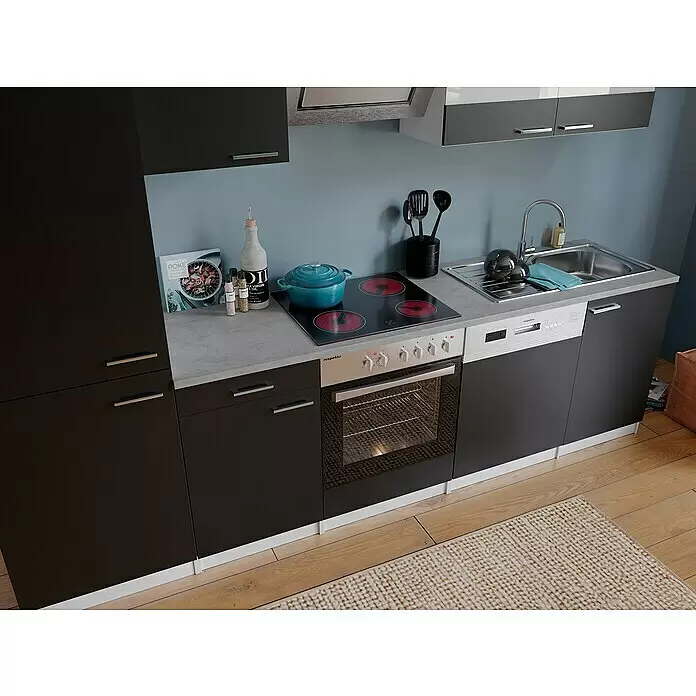 Respekta Küchenzeile Malia - Breite: 280 cm, Schwarz, Dekor Arbeitsplatte: Betonoptik, Mit Elektrogeräten, Volumen Backofen: 72 l - Stimmungsaufnahme