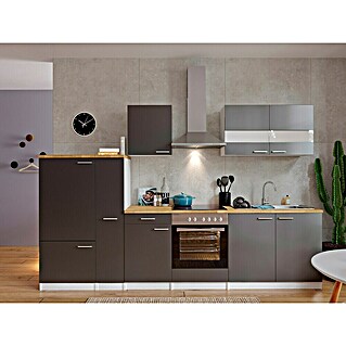 Respekta Küchenzeile Malia (Breite: 300 cm, Grau, Mit Elektrogeräten, Dekor Arbeitsplatte: Holzoptik, Volumen Backofen: 72 l)