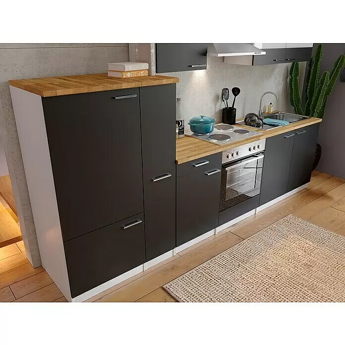 Respekta Küchenzeile Malia - Breite: 300 cm, Schwarz, Mit Elektrogeräten, Dekor Arbeitsplatte: Holzoptik, Volumen Backofen: 60 l - Dunkelgraue Küchenzeile mit Holz-Arbeitsplatte, integriertem Herd, Backofen und Spüle in moderner Küche.