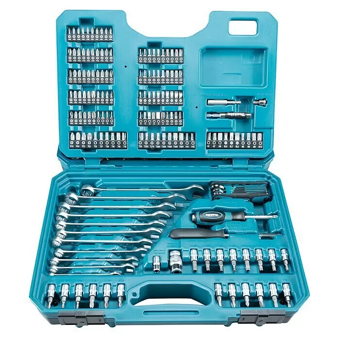 Makita Maletín de herramientas E-10883 - 221 pzs. - Estuche de herramientas azul abierto con numerosas llaves, vasos y una variedad de puntas de destornillador Makita.