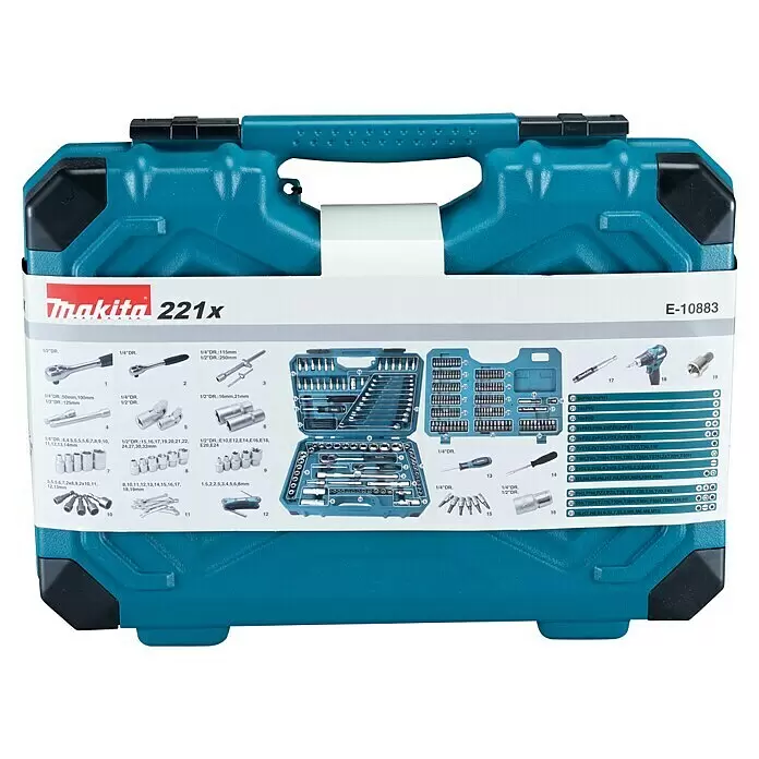 Makita Maletín de herramientas E-10883 - 221 pzs. - Maletín de herramientas Makita 221x azul, con un completo juego de vasos, llaves, carracas y puntas de atornillar.