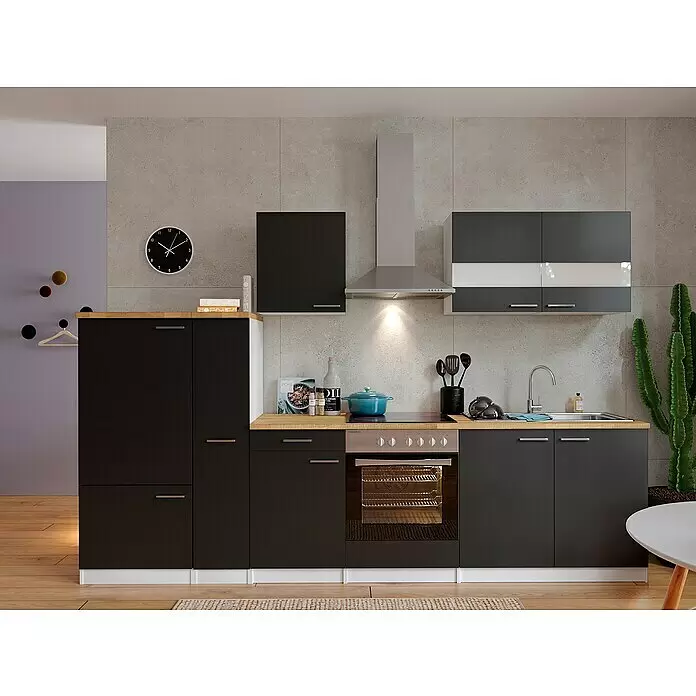Respekta Küchenzeile Malia - Breite: 300 cm, Schwarz, Mit Elektrogeräten, Dekor Arbeitsplatte: Holzoptik, Volumen Backofen: 72 l - Moderne Küche mit schwarzen Schränken, hellen Holz-Arbeitsplatten und Edelstahlgeräten.