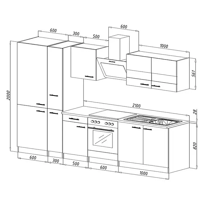 Respekta Küchenzeile Malia - Breite: 300 cm, Weiß, Dekor Arbeitsplatte: Betonoptik, Mit Elektrogeräten, Volumen Backofen: 72 l - Skizze einer modernen Küchenzeile mit Maßen, inklusive Schränke, Spüle, Herd und Dunstabzugshaube.