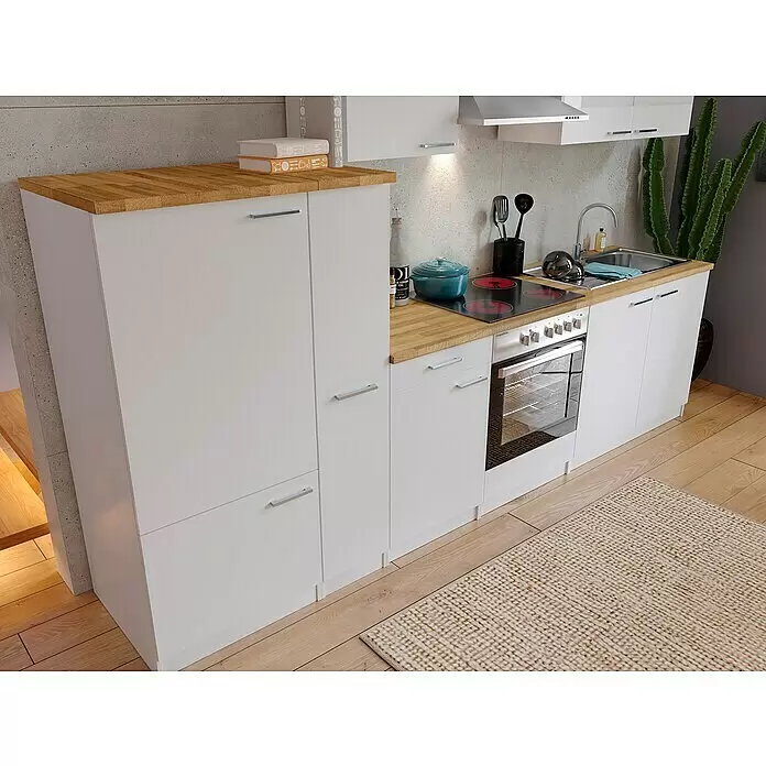 Respekta Küchenzeile Malia - Breite: 300 cm, Weiß, Mit Elektrogeräten, Dekor Arbeitsplatte: Holzoptik, Volumen Backofen: 72 l - Stimmungsaufnahme