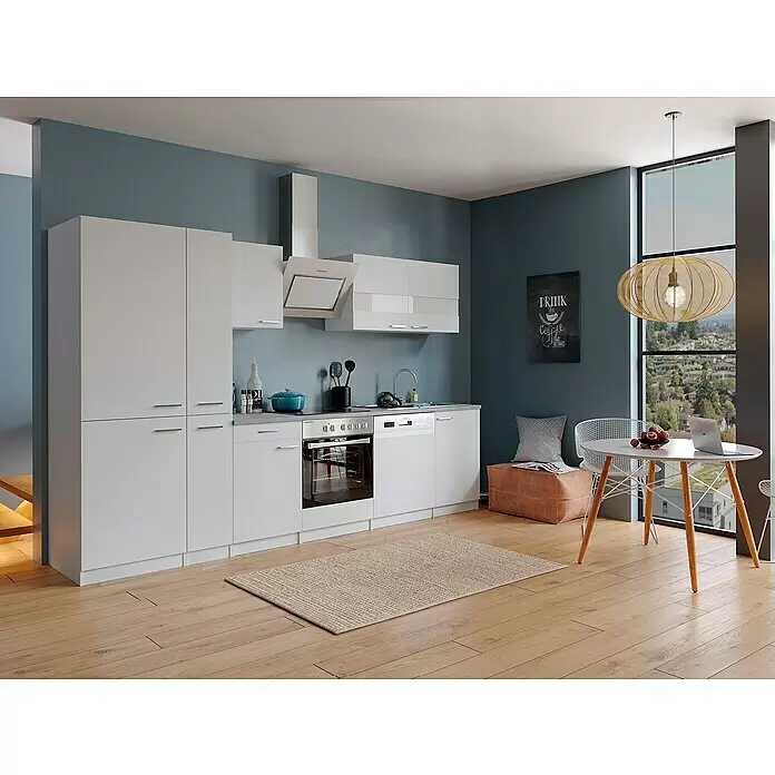 Respekta Küchenzeile Malia - Breite: 300 cm, Weiß, Dekor Arbeitsplatte: Betonoptik, Mit Elektrogeräten, Volumen Backofen: 72 l - Stimmungsaufnahme