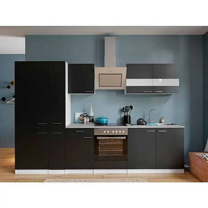 Respekta Küchenzeile Malia - Breite: 300 cm, Schwarz, Dekor Arbeitsplatte: Betonoptik, Mit Elektrogeräten, Volumen Backofen: 72 l - Stimmungsaufnahme