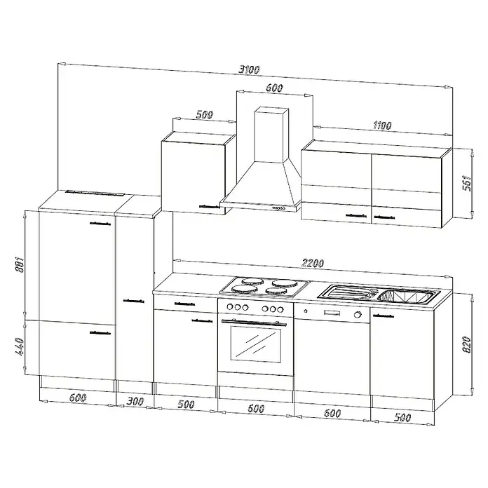 Respekta Küchenzeile Malia - Breite: 310 cm, Grau, Mit Elektrogeräten, Dekor Arbeitsplatte: Holzoptik, Volumen Backofen: 72 l - Eine skizzenhafte Darstellung einer Küchenzeile mit Maßen, die die Anordnung der Schränke und Geräte zeigt.