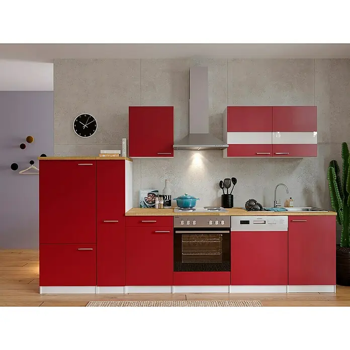 Respekta Küchenzeile Malia - Breite: 310 cm, Rot, Mit Elektrogeräten, Dekor Arbeitsplatte: Holzoptik, Volumen Backofen: 60 l - Modernes Küchendesign mit roten Schränken und Arbeitsplatten aus Holz. Die Küche ist funktional und stilvoll gestaltet.