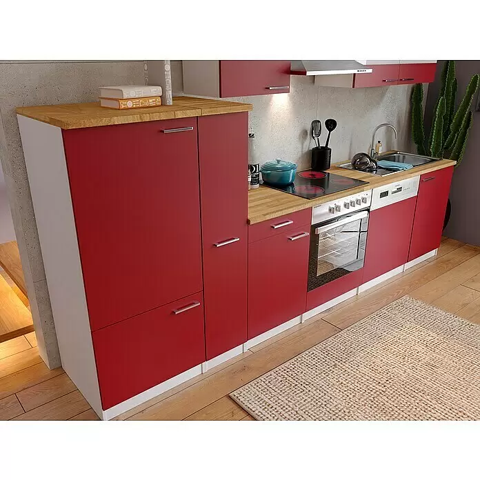 Respekta Küchenzeile Malia - Breite: 310 cm, Rot, Mit Elektrogeräten, Dekor Arbeitsplatte: Holzoptik, Volumen Backofen: 72 l - Stimmungsaufnahme