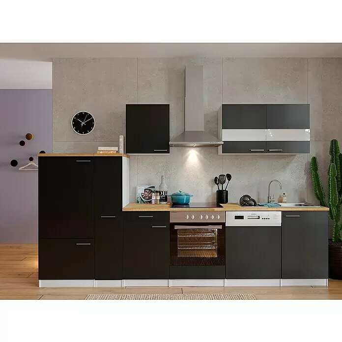 Respekta Küchenzeile Malia - Breite: 310 cm, Schwarz, Mit Elektrogeräten, Dekor Arbeitsplatte: Holzoptik, Volumen Backofen: 72 l - Stimmungsaufnahme