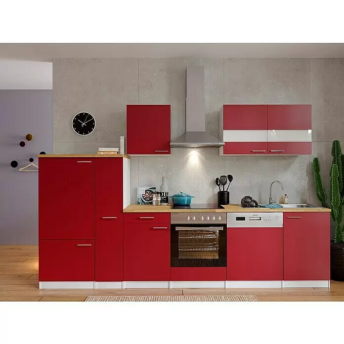Respekta Küchenzeile Malia - Breite: 310 cm, Rot, Mit Elektrogeräten, Dekor Arbeitsplatte: Holzoptik, Volumen Backofen: 72 l - Stimmungsaufnahme