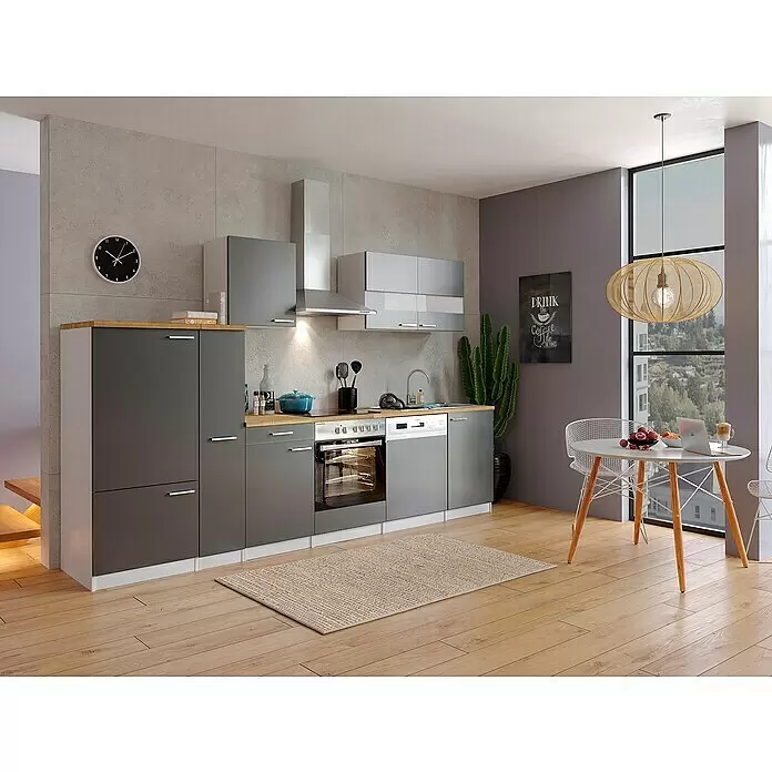 Respekta Küchenzeile Malia - Breite: 310 cm, Grau, Mit Elektrogeräten, Dekor Arbeitsplatte: Holzoptik, Volumen Backofen: 72 l - Stimmungsaufnahme