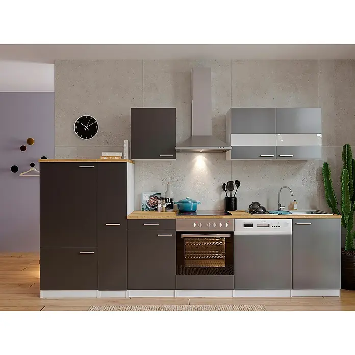 Respekta Küchenzeile Malia - Breite: 310 cm, Grau, Mit Elektrogeräten, Dekor Arbeitsplatte: Holzoptik, Volumen Backofen: 72 l - Aufnahme einer modernen Küche mit Einbauschränken in Grau und Anthrazit, mit Elektrogeräten und Holzarbeitsplatte.