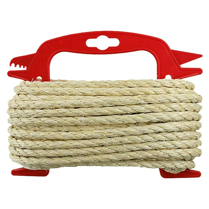 Stabilit Sisalseil - 8 mm x 10 m, 3-schäftig gedreht - Aufgerolltes Seil mit rotem Kunststoffgriff. Ideal für Bastelarbeiten, Dekorationen oder den Einsatz im Garten, es ist ein vielseitiges Produkt.