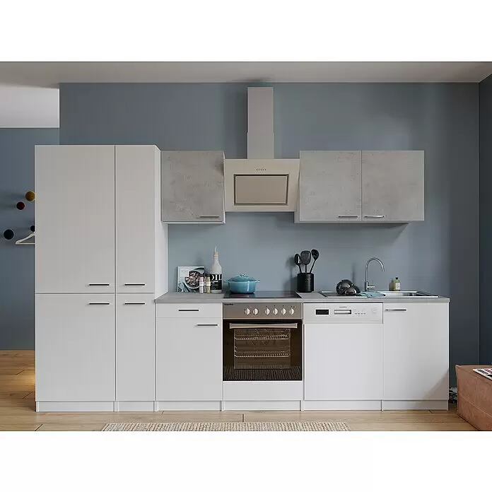 Respekta Küchenzeile Malia Typ 1 - Breite: 310 cm, Weiß/Beton, Mit Elektrogeräten - Stimmungsaufnahme