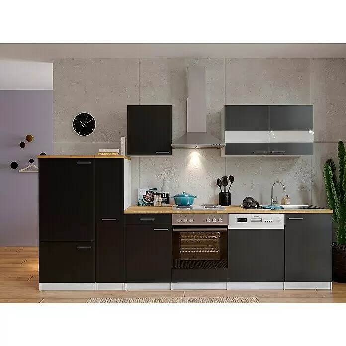Respekta Küchenzeile Malia - Breite: 310 cm, Schwarz, Mit Elektrogeräten, Dekor Arbeitsplatte: Holzoptik, Volumen Backofen: 60 l - Moderne Küchenzeile mit schwarzen Schränken, einer Holzarbeitsplatte und integrierten Edelstahlgeräten wie Backofen, Kochfeld, Spüle und Geschirrspüler.