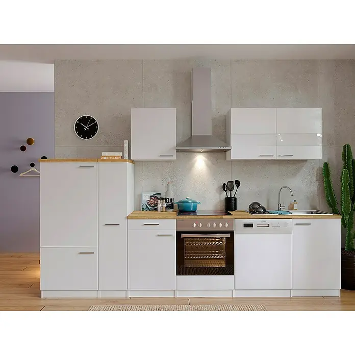 Respekta Küchenzeile Malia - Breite: 310 cm, Weiß, Mit Elektrogeräten, Dekor Arbeitsplatte: Holzoptik, Volumen Backofen: 72 l - Helle Küche mit weißen Schränken, Holzoberflächen und modernen Geräten. Eine stilvolle und funktionale Küchengestaltung für den modernen Haushalt.
