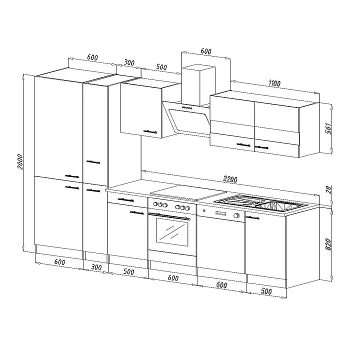 Respekta Küchenzeile Malia - Breite: 310 cm, Grau, Dekor Arbeitsplatte: Betonoptik, Mit Elektrogeräten, Volumen Backofen: 72 l - Detaillierte Skizze einer Küchenzeile mit Maßen, inklusive Schränken, Spüle, Herd und Dunstabzugshaube.