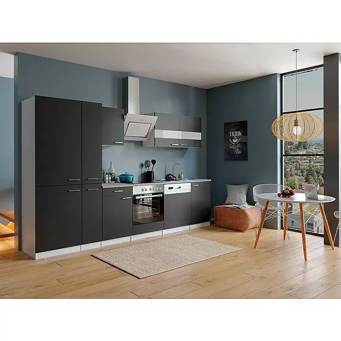 Respekta Küchenzeile Malia - Breite: 310 cm, Schwarz, Dekor Arbeitsplatte: Betonoptik, Mit Elektrogeräten, Volumen Backofen: 72 l - Stimmungsaufnahme