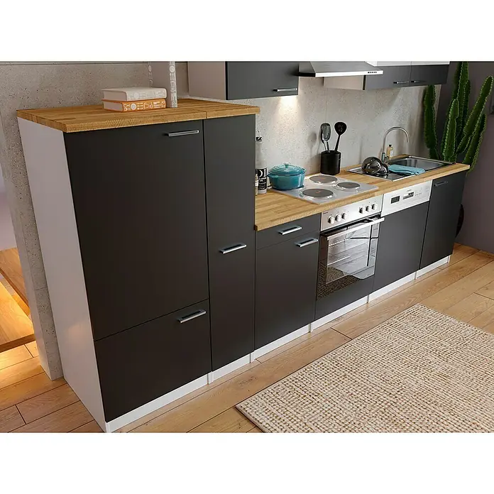 Respekta Küchenzeile Malia - Breite: 310 cm, Schwarz, Mit Elektrogeräten, Dekor Arbeitsplatte: Holzoptik, Volumen Backofen: 60 l - Moderne Küchenzeile in Grau mit Holz-Arbeitsplatte, inklusive Spüle, Herd und Backofen für ein stilvolles Kocherlebnis.