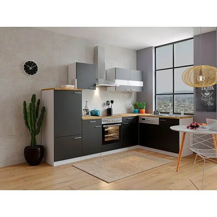 Respekta Winkelküche Malia Typ 3 - B x T x H: 280 x 172 x 200 cm, Schwarz, Mit Elektrogeräten - Moderne Küche in Grau und Weiß mit Holzelementen, inklusive stilvoller Beleuchtung und einem Esstisch für gemütliche Stunden.