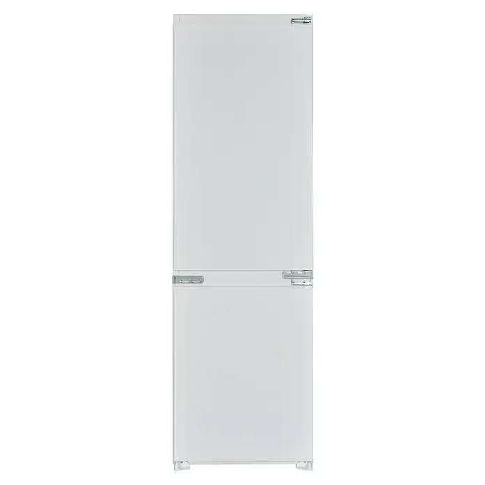 Respekta Küchenzeile Malia - Breite: 270 cm, Grau, Dekor Arbeitsplatte: Betonoptik, Mit Elektrogeräten, Volumen Backofen: 72 l - Einbau-Kühl-Gefrierkombination mit zwei Türen und Scharnieren für den Einbau in eine Küchenzeile. Das Gerät ist weiß und hat eine glatte Oberfläche.