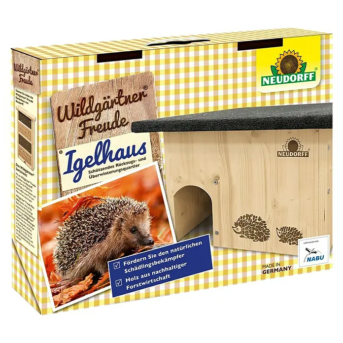 Neudorff Igelhaus - L x B x H: 28,5 x 48 x 38 cm - Produktverpackung für ein Igelhaus von Wildgärtner Freude, ein Unterschlupf aus Holz für Igel mit dem Neudorff Logo.