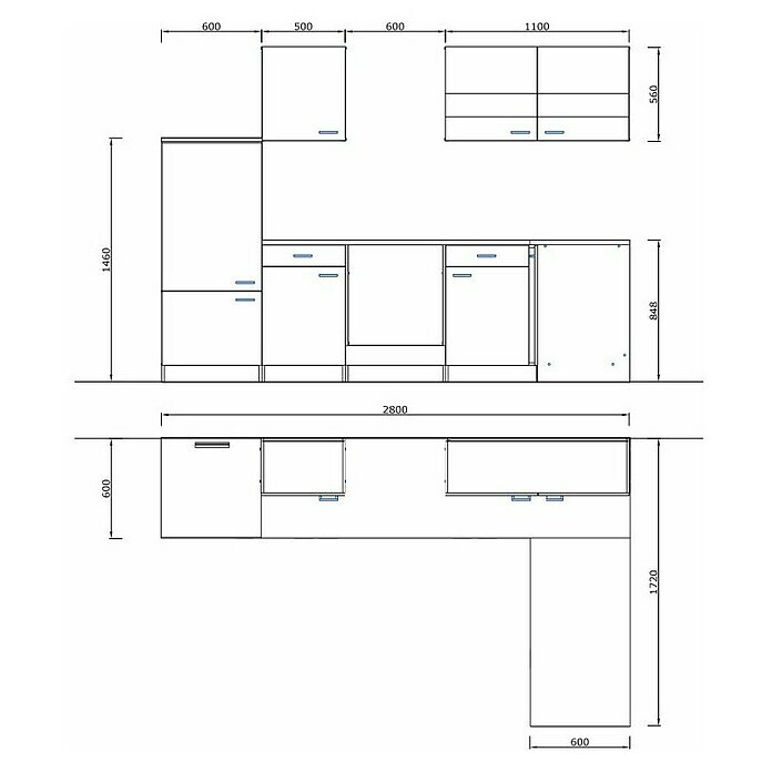 Respekta Winkelküche KBL280WWCG172 x 280 cm, Mit Elektrogeräten, Weiß Sketch