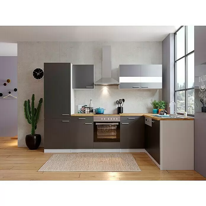 Respekta Winkelküche Malia Typ 1 - B x T: 280 x 172 cm, Grau, Mit Elektrogeräten - Eine moderne dunkelgraue Küche mit heller Holzplatte und Betonoptik-Rückwand, ausgestattet mit Backofen, Kochfeld und Spüle.