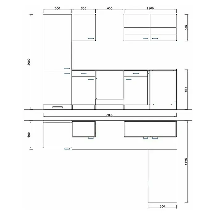 Respekta Winkelküche Malia Typ 1 - B x T: 280 x 172 cm, Weiß, Mit Elektrogeräten - Schema einer Küchenzeile mit den Maßen der einzelnen Elemente zur besseren Raumplanung.