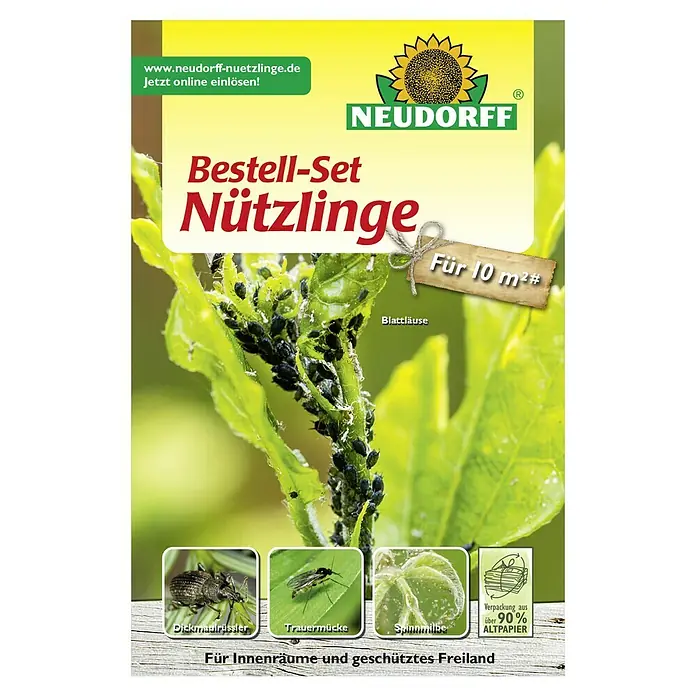 Neudorff Bestellkarte - Geeignet für: Schadinsekten, Max. Anwendungsfläche: 10 m² - Produktabbildung eines Neudorff Bestell-Sets für Nützlinge gegen Blattläuse, Trauermücke, Dickmaulrüssler und Spinnmilbe für Innenräume und geschütztes Freiland.