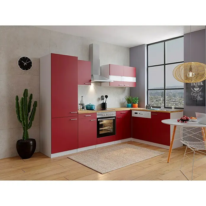 Respekta Winkelküche Malia Typ 1 - B x T: 280 x 172 cm, Rot, Mit Elektrogeräten - Helle Küche in Rot- und Weißtönen mit modernen Geräten, einer gemütlichen Essecke und Holzboden. Die Küchenschränke sind ein echter Hingucker.