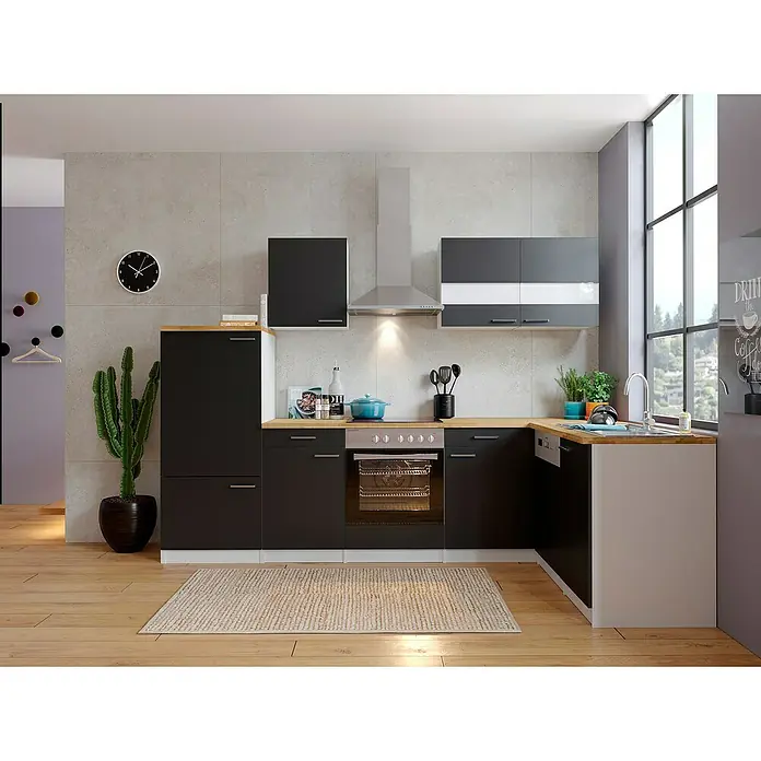 Respekta Winkelküche Malia Typ 3 - B x T x H: 280 x 172 x 200 cm, Schwarz, Mit Elektrogeräten - Moderne Küche in Grau und Schwarz mit Holzelementen, inklusive Geräten und Kochutensilien. Praktisches und stilvolles Design für den Alltag.