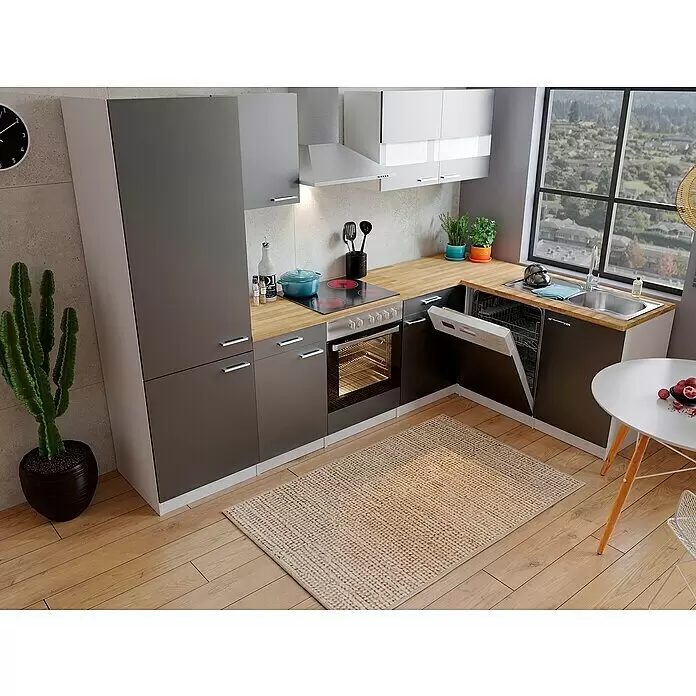 Respekta Winkelküche Malia Typ 1 - B x T: 280 x 172 cm, Grau, Mit Elektrogeräten - Moderne L-förmige Küchenzeile mit anthrazitfarbenen Schränken, heller Holzplatte, integriertem Backofen, Kochfeld, Geschirrspüler und Spüle.