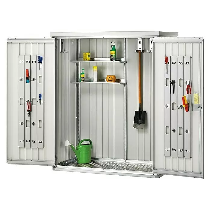 Biohort Geräteschrank 150 - Silber Metallic - Offener silberner Metall-Gartenschrank mit Regalen und Werkzeugaufhängungen.